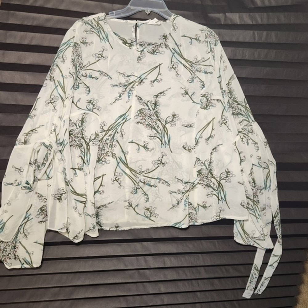 Cloudchaser Beige Sheer Floral Bell Sleeve Boho Blouse Top Size XL